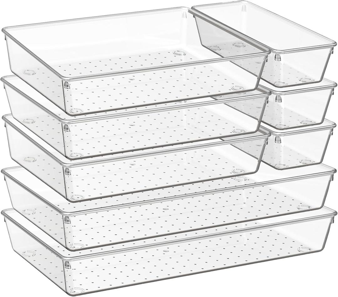 Criusia 8 Pack Drawer Organizer for Kitchen Gadgets, Large Clear Plastic Drawer Divider for Kitchen Accessories, Bathroom Organizers and Storage, Home Essentials for Makeup and Vanity Accessories
