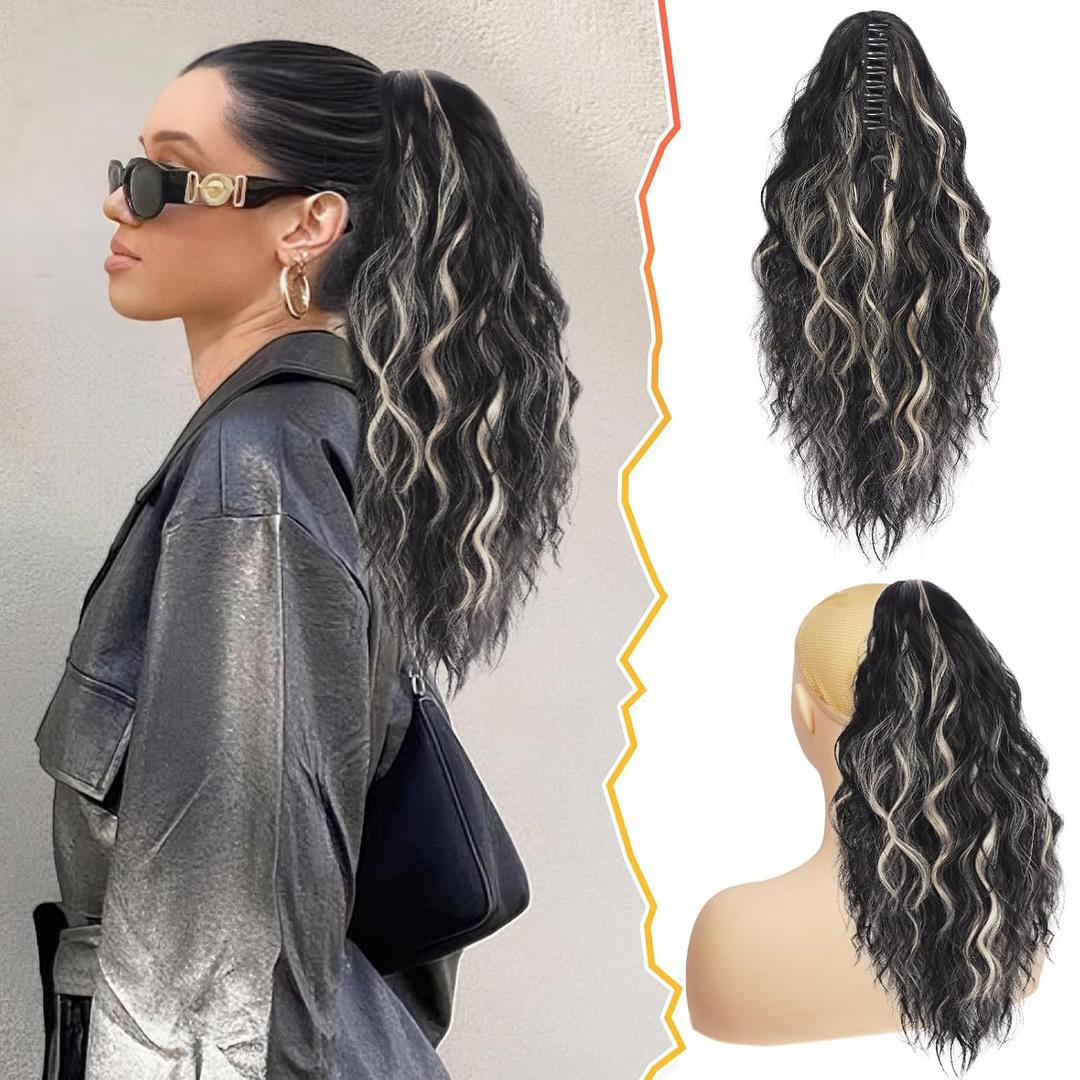 BARSDAR 18 Inch Claw Clip Highlight Ponytail Extension Thick Soft Wavy Curly Clips in Ponytail Hairpieces for Women Natural Looking Synthetic Claw Clip Hair Extensions Black Mix Blonde