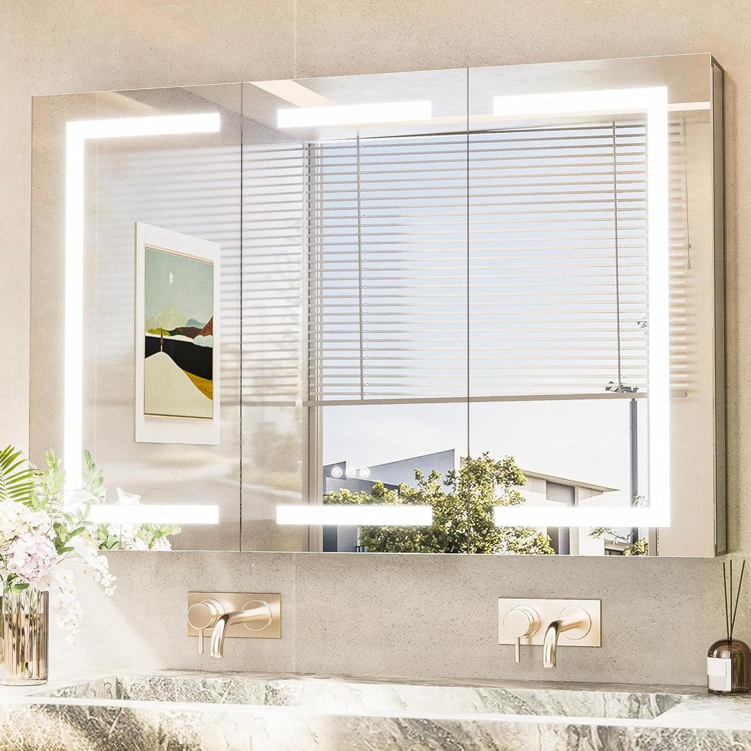 TokeShimi 48x32 Lighted Medicine Cabinet with Mirrored and Sockets, Anti-Fog Surface or Recessed Medicine Cabinet Mirror Led 3 Colors Dimmable, Frontlit Mirror with Storage Bathroom Vanity (Frontlight)