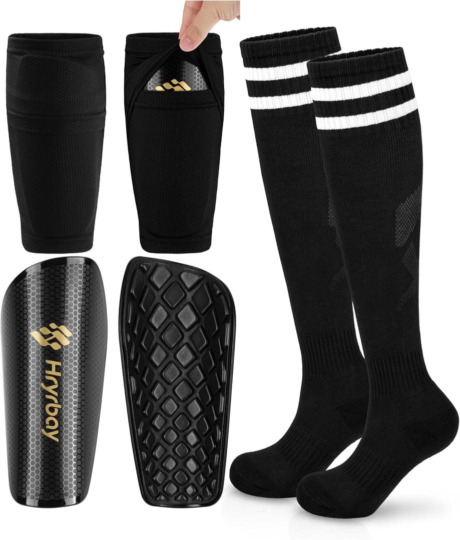 Hryrbay Kids Soccer Shin Guards Toddler Shin Pads with Sleeves and Socks for Age 3-16 Protective Lightweight Soccer Equipment Ideal for Playing Training Inspired by The World Cup (Black)