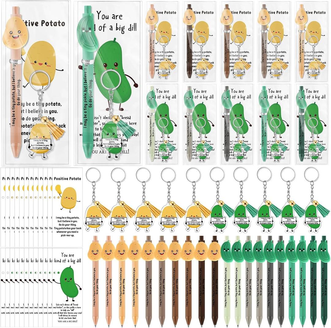50 Set Employee Appreciation Gifts Bulk Inspirational Pickle Potato Pens and Keychains with Motivational Cards Positive Valentines Gift for Coworker Staff Office Party Favor