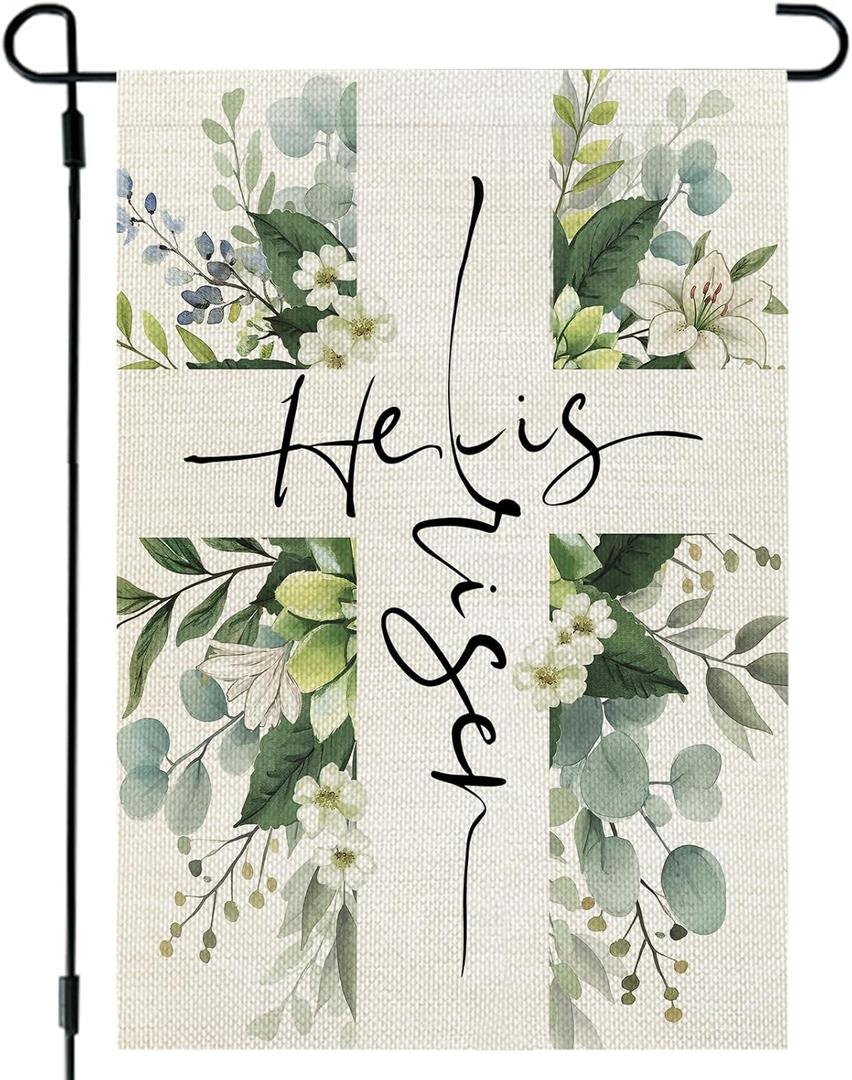 4 x CROWNED BEAUTY Easter Garden Flag He is Risen 12x18 Inch Double Sided Floral Cross Holiday Decoration for Outdoor Lawn Yard