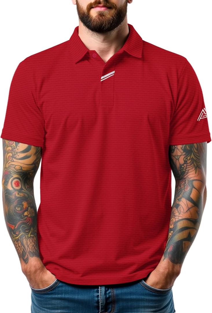 Men's Golf Polo Shirts UPF 50+ Short Sleeve Dri Fit Polos Stretch Performance Collared Golf Casual Work Business Wear (Red, L)