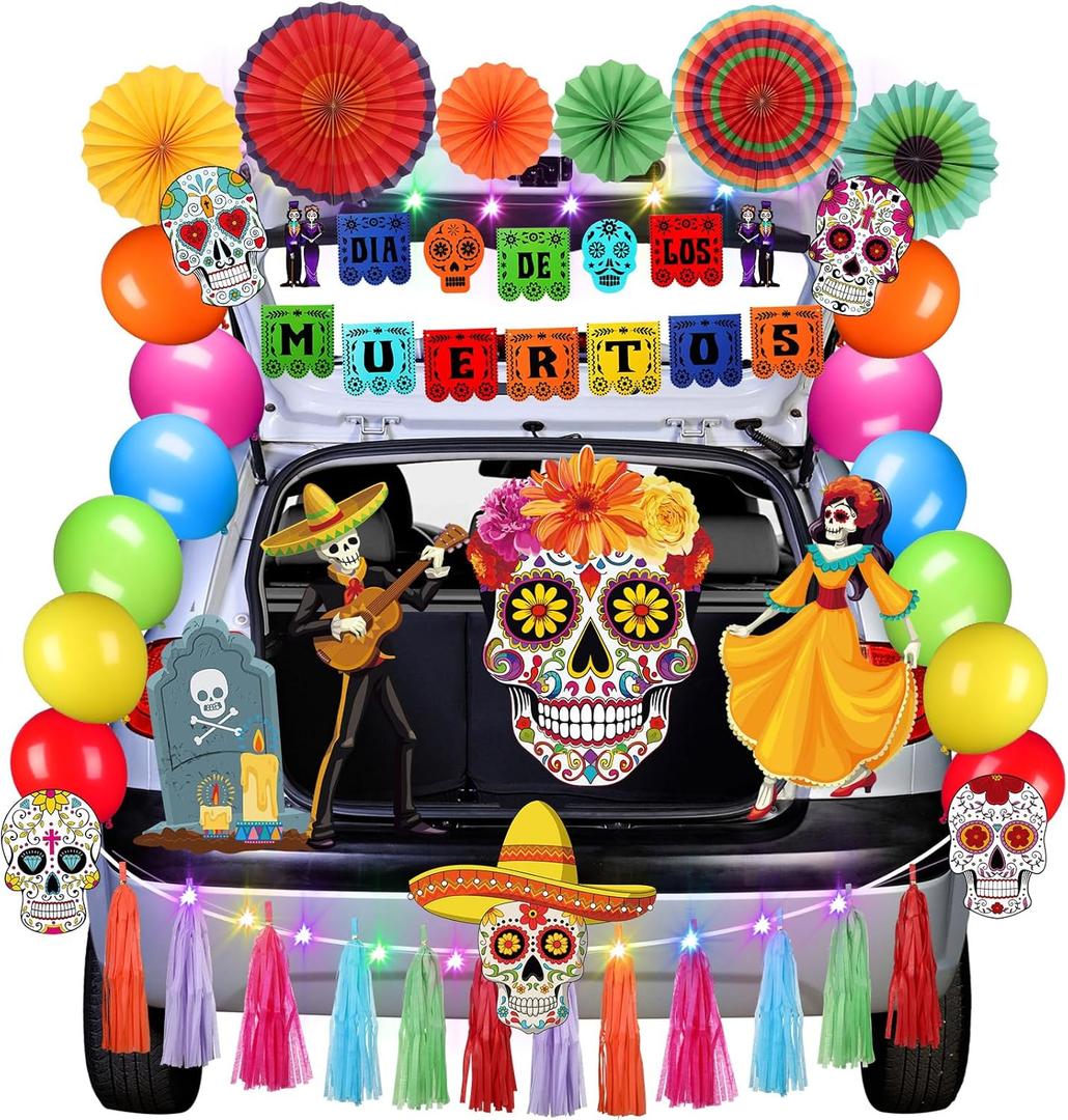 WinnerWhy 100 Pcs Halloween Trunk or Treat Car Decoration Kit, Halloween Car Decorations, Halloween Decor for SUV with Banner Fan Balloon Tassel Light String Sticker for Dia De Muertos Archway Garage