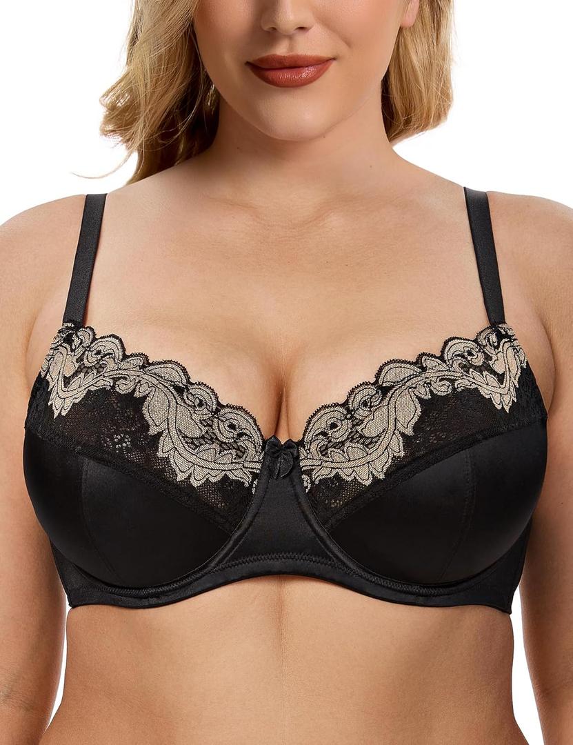Wingslove Women's Sexy Lace Bra Mesh Underwired Full Coverage Shelf Bra Unlined (Black)