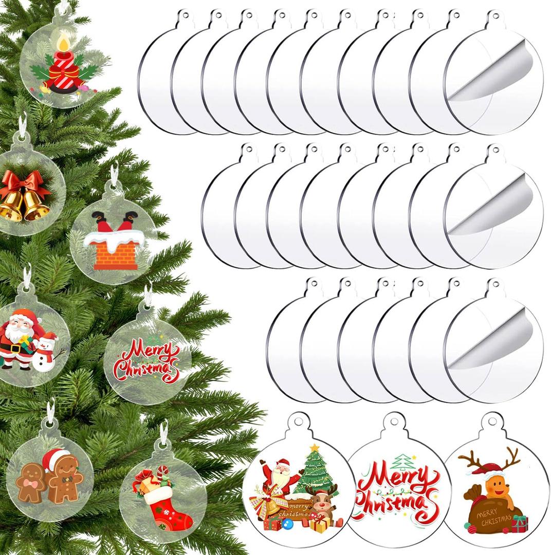 24Pcs Acrylic Clear Christmas Ornament,3 Inch Blank Acrylic Christmas Ornaments for Craft Clear Round Disc Ornaments Blanks with Hole for Christmas Decor DIY Family Kids Crafts