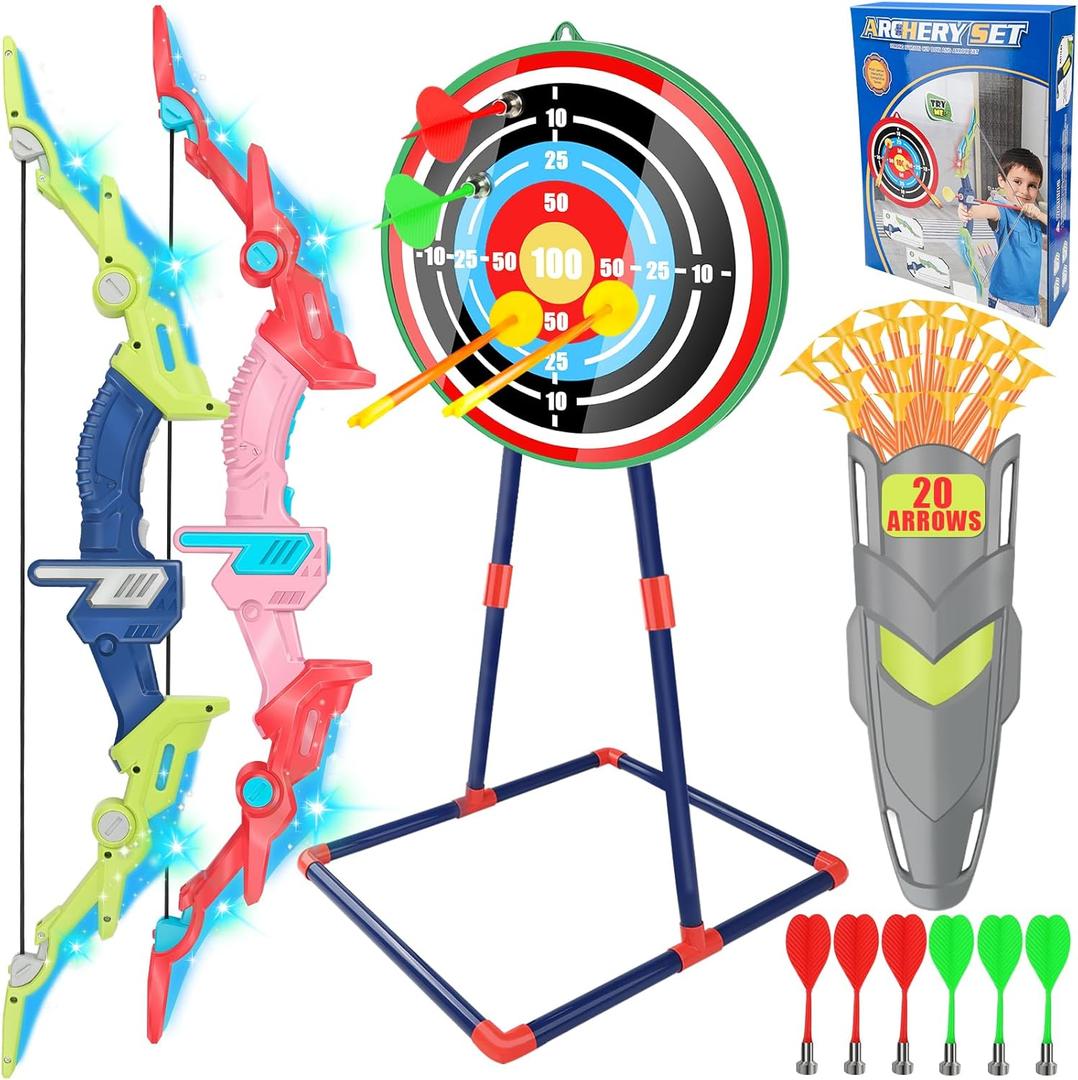 2 Pack Bow and Arrow Set for Kids 8-12 Year Old, LED Light Up Archery Toy with 20 Suction Cup Arrows 6 Magnetic Darts and Standing Target, Indoor Outdoor Activity Toys for Ages 4-6 8-13 No Battery
