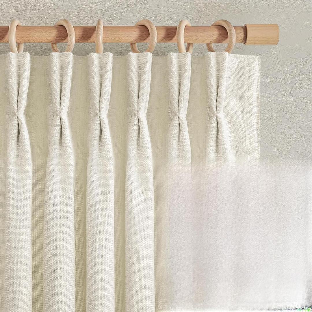 Pinch Pleat Cream Thick Natural Linen Semi Sheer Small Cafe Curtains 54 Inches Long, Memory Shape Light Filtering Boho Windows Drapes 4-1/2 FT Length Privacy Mini Curtain for Basement 2 Panels Set