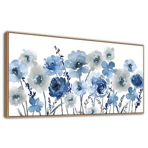 Framed Flowers Canvas Wall Art - Indigo Floral Canvas Pictures Living Room Wall Decor Botanical Canvas Prints Painting Abstract Artwork Bedroom Office Home Decor 29"x 58"