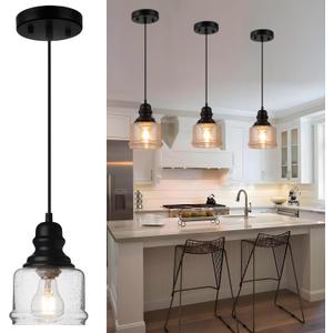 WILON Industrial Pendant Light, 4'' Black Seeded Glass, Farmhouse Kitchen Island Lighting, Adjustable Ceiling Light for Dining Room, E26 Bulb Base, Dimmable