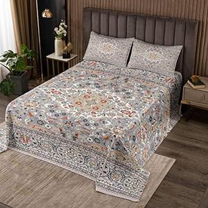Erosebridal Quilt Twin, Boho Exotic Bedspread, Retro Grey Orange Floral Bohemian Tribal Coverlet, Vintage Antique Damask Medallion Egyptian Bedroom Decor Quilted