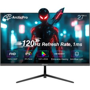 27 inch Monitor 120Hz, FHD 1080p, Computer Monitor, IPS, 99% sRGB, Adaptive Sync, 1ms Response Time, 3-Sided Frameless, Ultra Slim, VESA Mountable, Anti-Blue Light Design, HDMI & VGA Ports