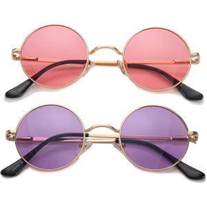HJSTES Polarized Round Sunglasses Womens Men Retro Hippie Glasses Small Circle Sunnies (Pack of 2, Pink Purple)
