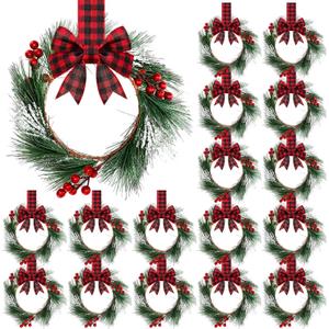 Crowye 18 Pcs Small Mini Christmas Cabinets Wreaths for Kitchen with Ribbon 10'' Hanging Artificial Green Leaves Decor Berry for Window Front Door Kitchen Wall Decor (Red and Black)