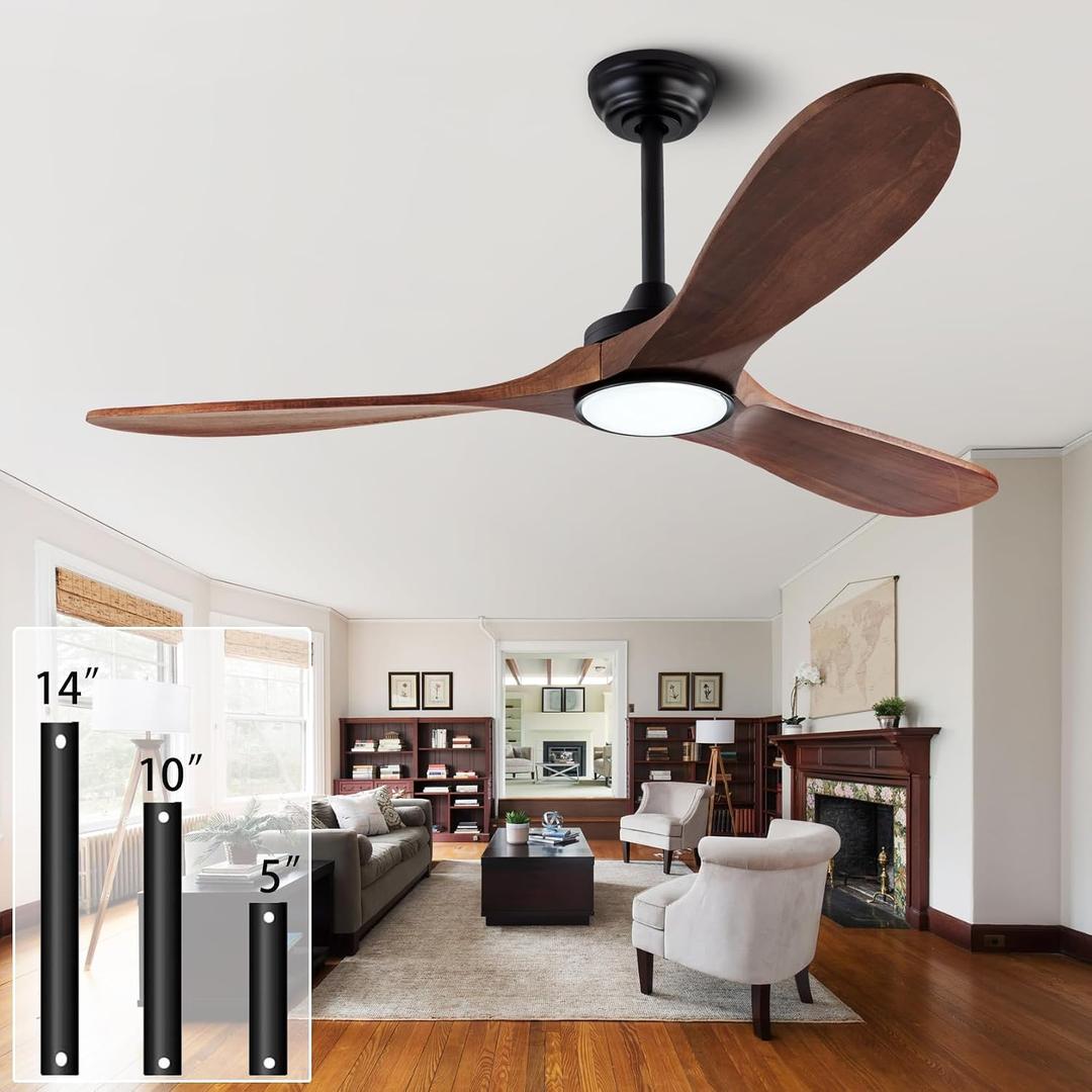 QUTWOB 52" Wood Ceiling Fans with Lights and Remote Control,Indoor Outdoor 3 Blades Wooden Ceiling Fan for Garage,Patio,Living Rooms,Bedrooms,Offices,Farmhouse(Black+Dark Walnut)