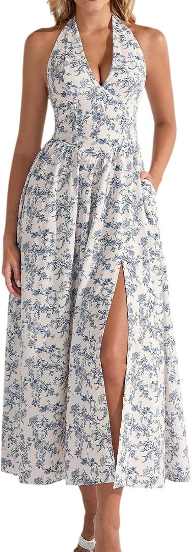 XinFSh Women's Summer Floral Halter Corset Wedding Guest Maxi Dress Flowy A Line Long Tea Party Dresses with Pockets, Large