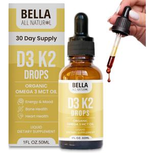 2 x Bella All Natural Vitamin D3 K2 Liquid Drops 5000 IU (Unflavored)