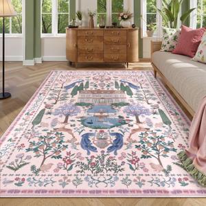 LIVEBOX Washable Rug 5x7 Pink Rug for Bedroom Girls, Floral Area Rugs for Living Room, Non-Slip Low Pile Carpet Farmhouse Rugs for Bedroom, Dining Room, Nursery Room, Kids Playroom, Pink