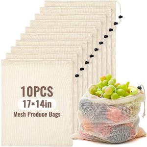 10 Pcs 17 x 14 in Reusable Produce Bags Grocery Washable, Cotton Mesh Produce Bags Plastic Free, Drawstring Closure, Double-stitched Organic Cotton Mesh Grocery Bag for Vegetables Fruit Onions