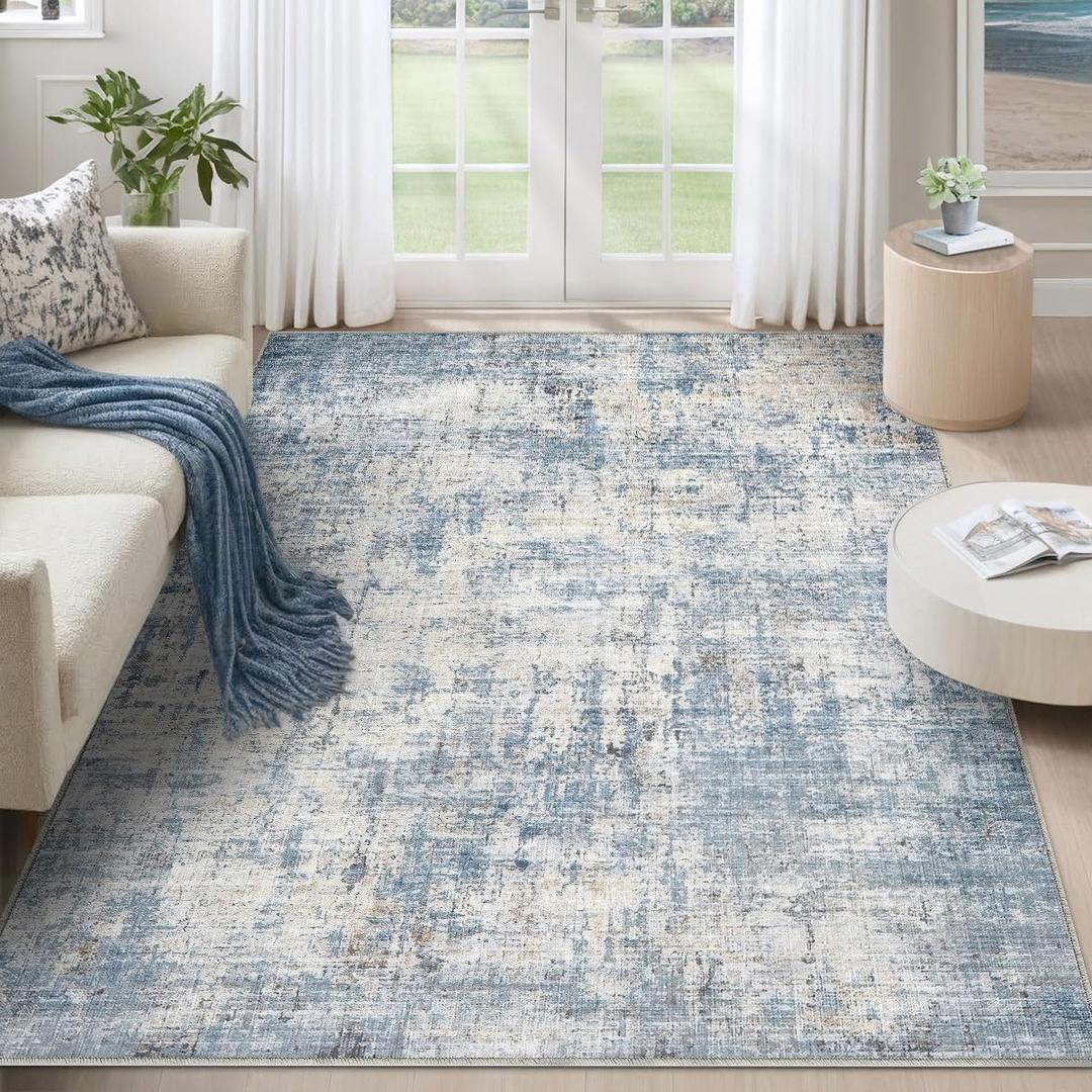 6x9 Area Rugs Washable Living Room Rug-No Slip Soft Carpets Modern Abstract Coastal Indoor Floor Stain Resistant Carpet for Bedroom Dining Room Farmhouse Nursery Home Office Blue
