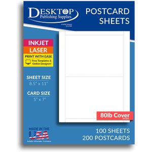80lb White 5" x 7" Postcards - 100 Sheets / 200 Postcards