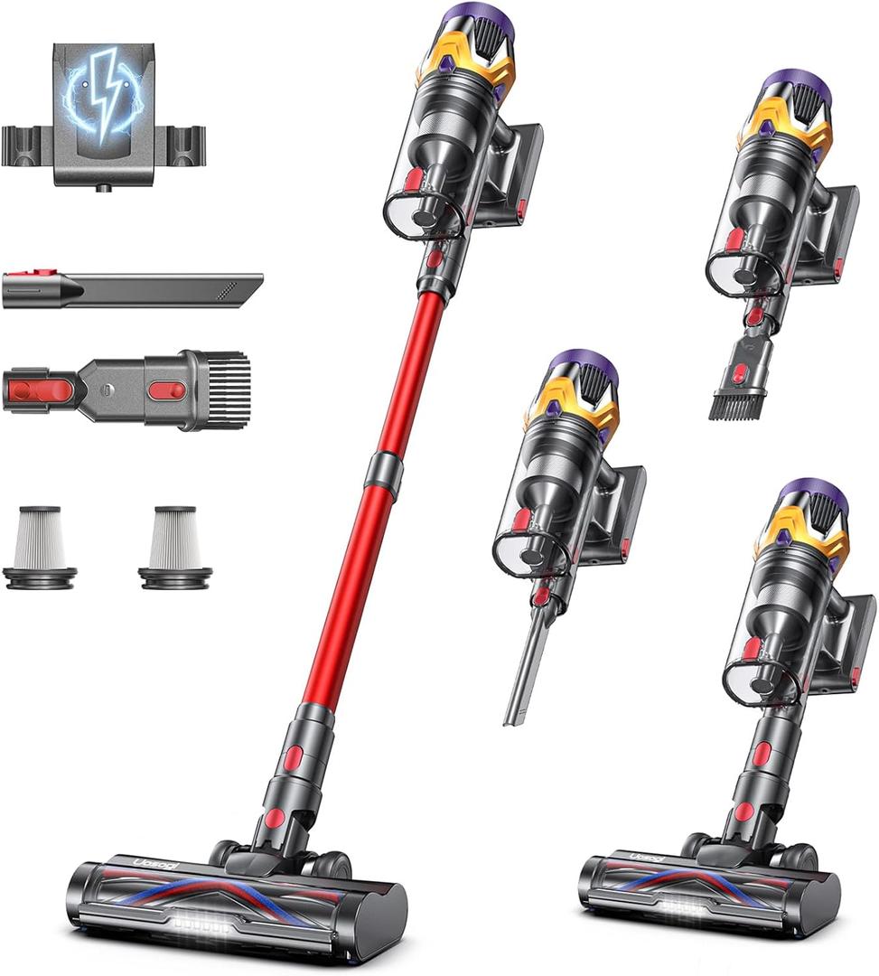 Cordless Vacuum Cleaner, Upgraded 55KPA 650W 70Mins Stick Vacuum with Hurricane Mode, Self-Standing, Touch Screen, 1.8L Dust Cup, Anti-tangle Wireless Vacumm, Vacuum Cleaners for Home/Pet Hair/Carpets (Red)