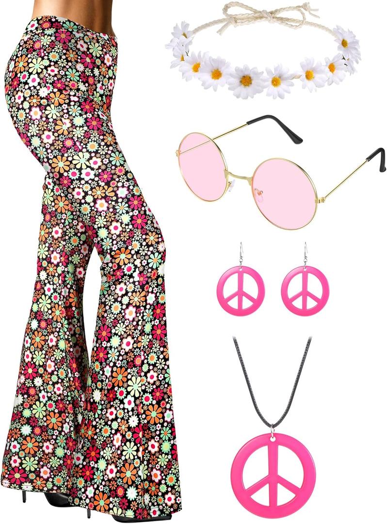 SATINIOR 6 Pcs 60s 70s Hippie Costume for Women Disco Outfits Flared Pants Boho Peace Sign Necklace Earrings for Mardi Gras (Large)