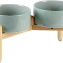 Ceramic 7.3inch Raised Double Bowls Set with Wooden Stand, Food & Water Bowls for Medium Breed Dogs, Weighted Dog Dishes, Pet Feeder(Light Green)