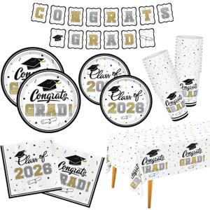 Graduation Decorations Class of 2026 Congrats Grad Party Dinnerware Set White and Gold Disposable Paper Plates Napkins Cups Tablecloth Banner for Gatherfun Decorations 2026 , Serve 25