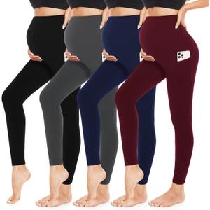 4 Pack Womens Maternity Leggings with Pockets Over The Belly Butt Lift - Soft Workout Pregnancy Yoga Pants (Medium, 02-black/Dark Grey/Navy Blue/Burgundy)