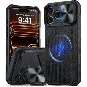 Magnetic for iPhone 17 Pro Max Case,[Compatible with Magsafe][Slide Camera Cover][Kickstand][Military Grade Protection] Shockproof Rugged Case for iPhone 17 Pro Max,Black