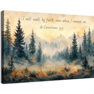 Christian Wall Art Forest Bible Verse Wall Decor Mountain Scripture Canvas Prints 2 Corinthians Religious I Will Walk by Faith Posters Biblical Artwork for Bedroom Living Room Home Decoration 12x16"