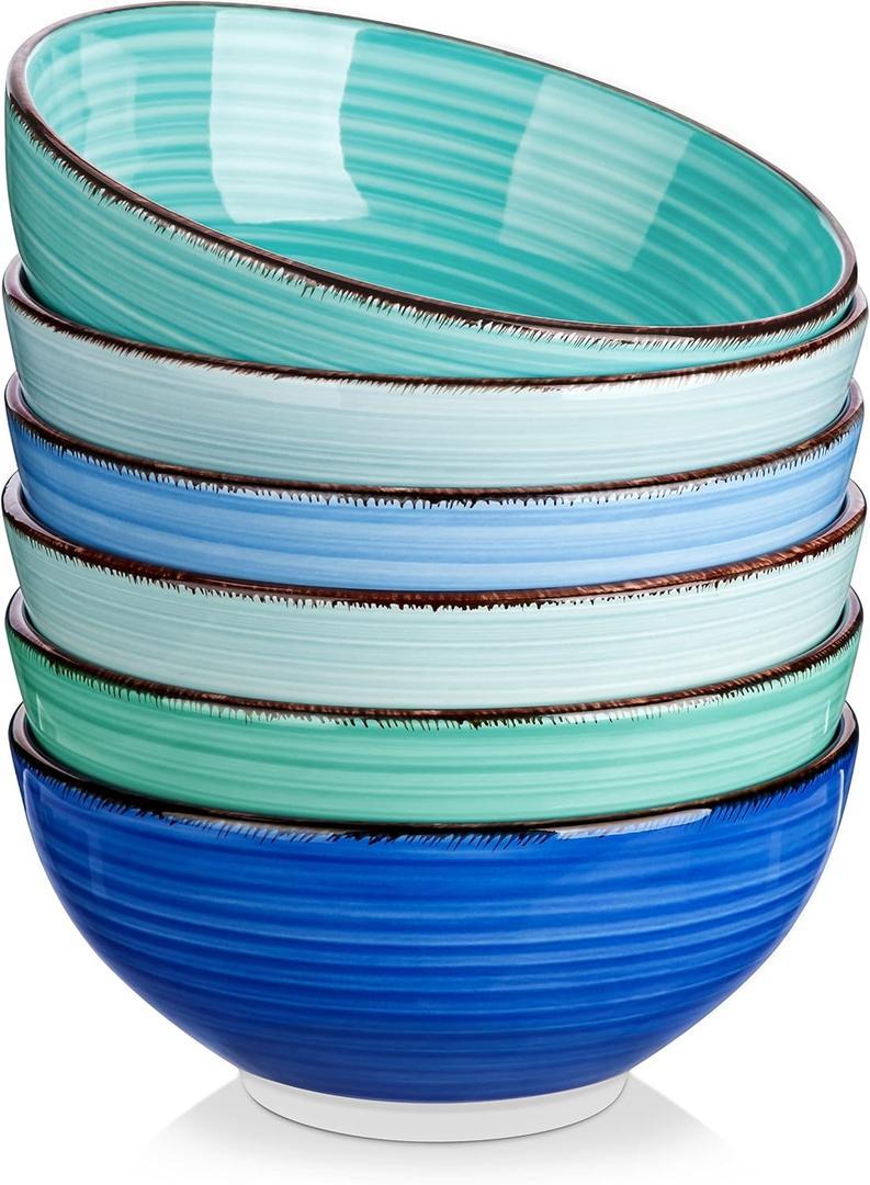 vancasso Bonita 27 Oz Cereal Bowls Set of 6, Blue Ceramic Bowls for Kitchen, 6 Inch Soup Bowls, Dishwasher & Microwave Safe (Cool Color)