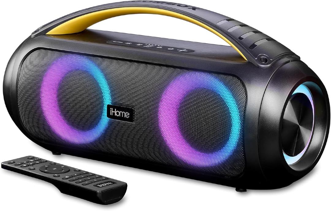 iHome Bluetooth Speaker Boombox with FM Radio, Color Changing Lights and Remote Control, Splash-Proof Wireless Speaker is Portable and Rechargeable (iBT920B.EXv24)