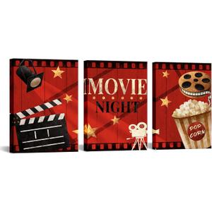 Apicoture Home Theater Wall Decor Movie Night Sign Canvas Wall Art Prints Movie Film Reels Popcorn Lamplight Painting Prints Media Room Home Cinema Wall Framed 12"x16"x3 Pieces