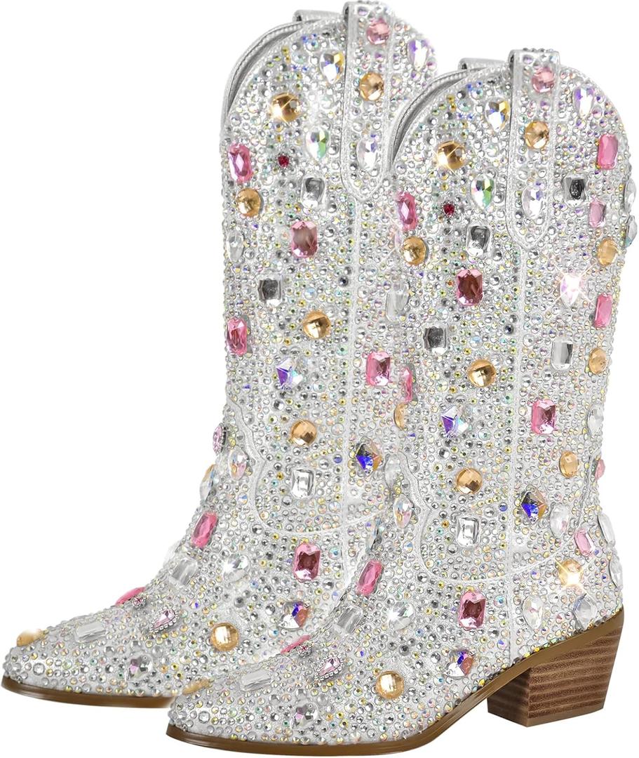 Richealnana Sparkly Rhinestones Cowboy Cowgirl Style Boots Calf High Boots for Women 2INCH Heeled Shining Pull On Tabs (8, Gem Silver)