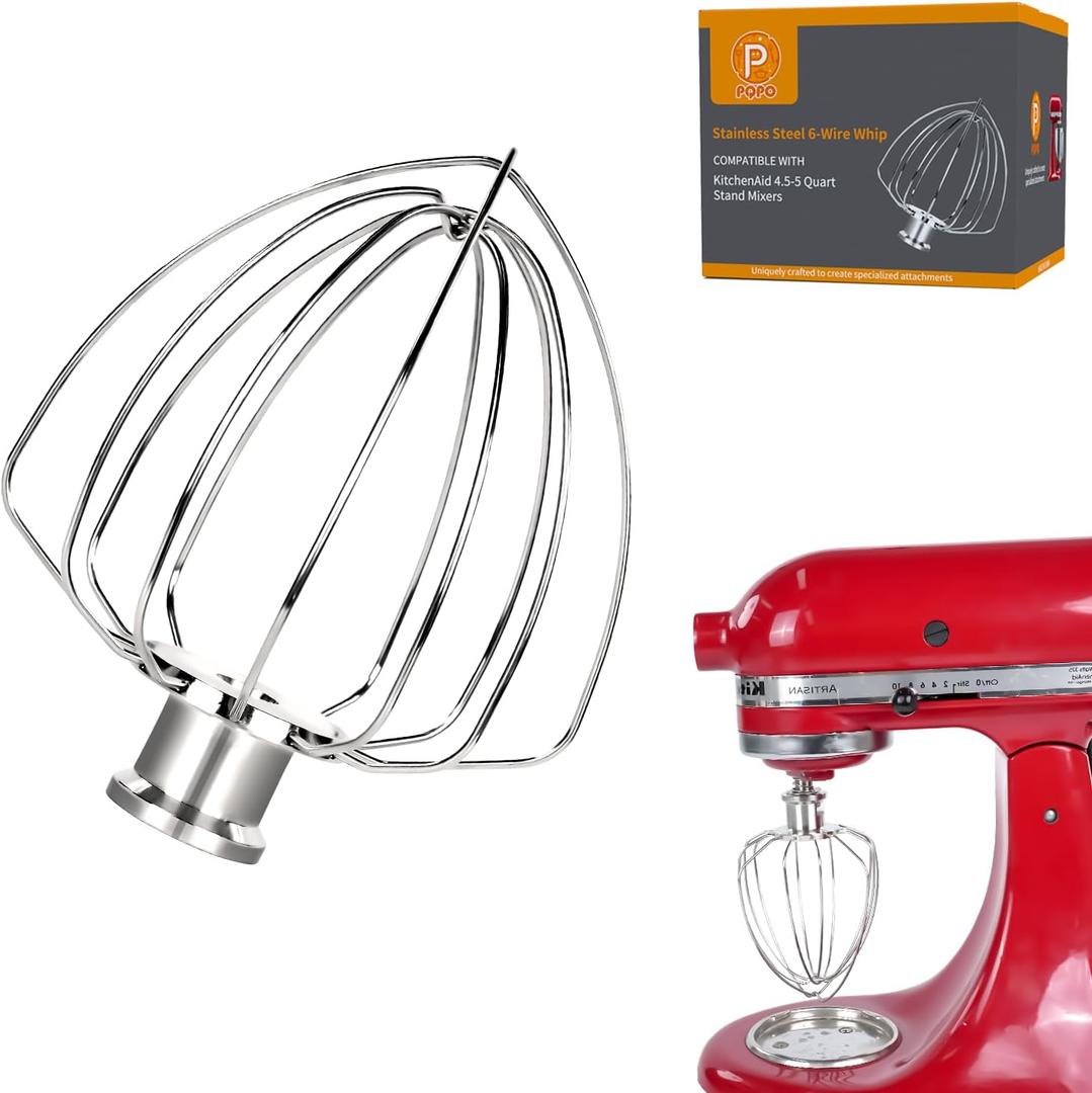 Upgraded Stainless Steel 6-Wire Whip Attachment Compatible with KitchenAid 4.5-5 Quart Tilt-Head Stand Mixer,Dishwasher Safe