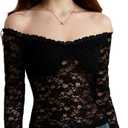 Women's Floral Lace T Shirt Off The Shoulder Long Sleeve Sheer Party Club Crop Tops (Black, M)