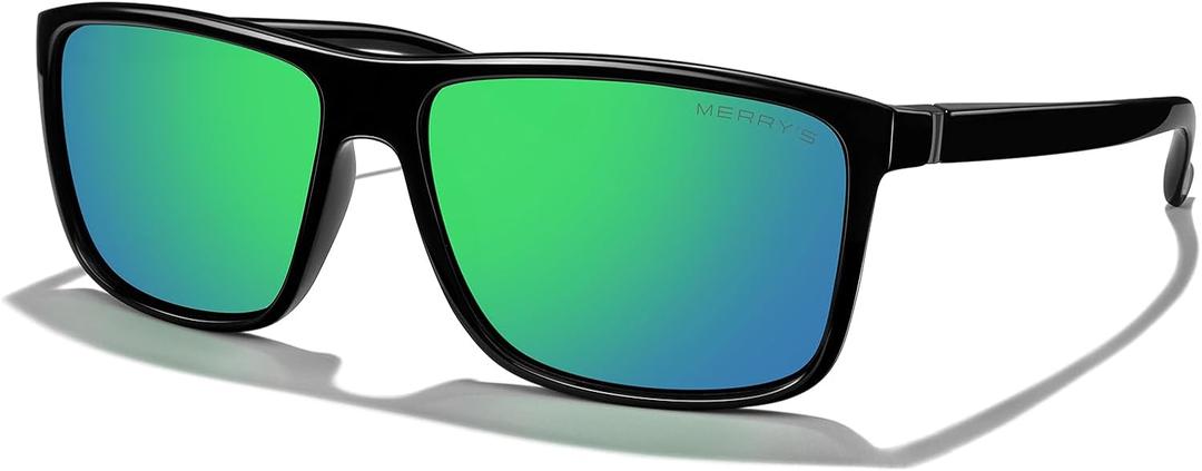 MERRY'S Rectangular Polarized Sports Sunglasses for Men Women Cycling Driving Fishing UV400 Protection S8225 (Black Frame/Gray Metal/Green Mirror Lens)