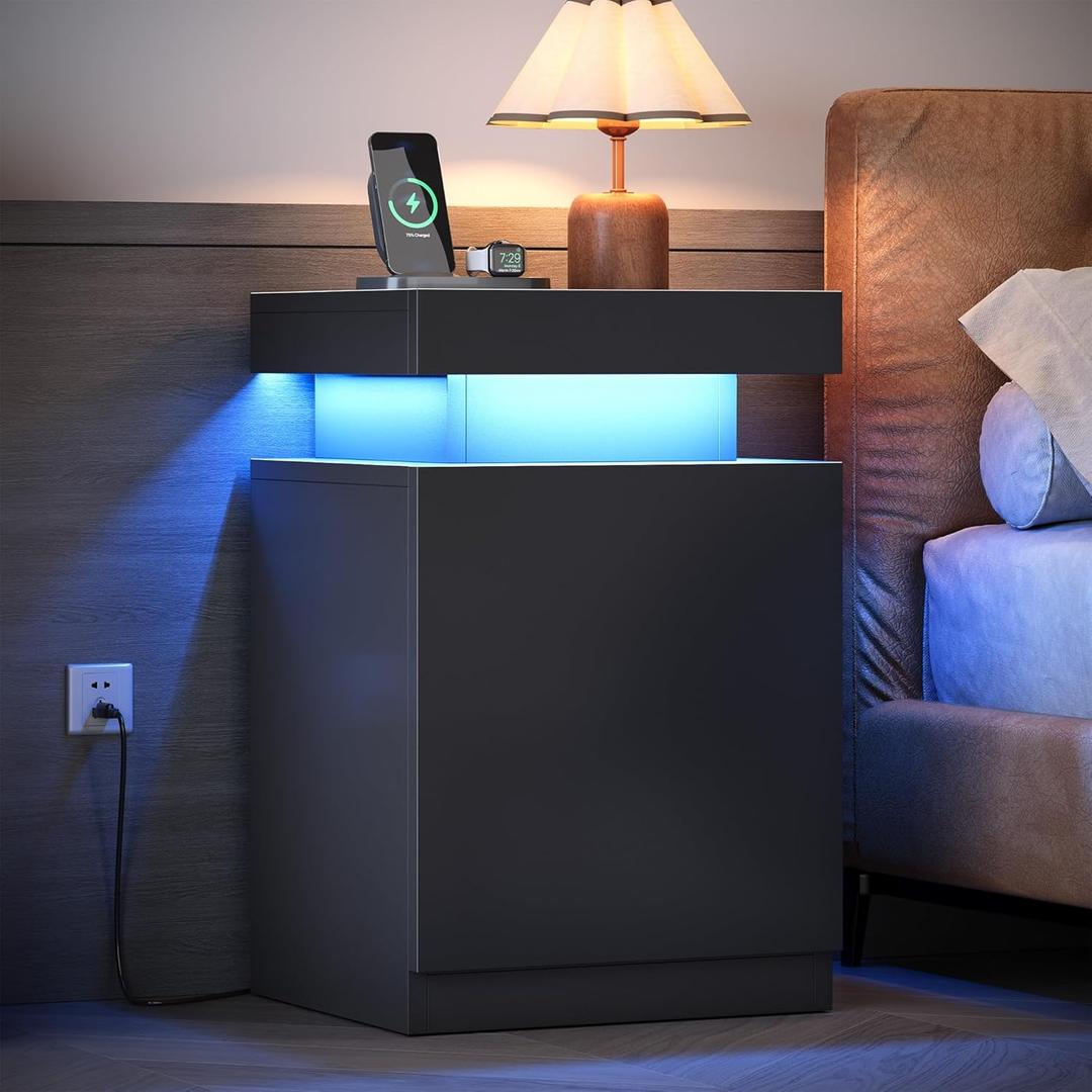 MXV Nightstand with LED Lights & Charging Station, Black Bedside Tables with USB Ports, Storage Cabinet & Drawers for Bedroom, Modern End Tables for Living Room (Black, 17.7)