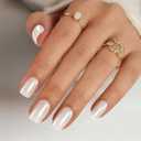 White Chrome Press on Nails Short - Soft Gel Halloween Press on Nails Square for Women Gift, Fit Perfectly & Glossy Glue on Nails in 16 Sizes - 32 Reusable Fake Nails with Glue, Pearl White