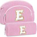 YOOLIFE Travel Makeup Bag, Monogrammed Pink Cosmetic Bags Toiletry Bags for Women Teen Girls, Birthday Gifts for Women Teen Girls, Mom Sister Girlfriend Gifts | Letter Travel Makeup Brush Bag Pink E