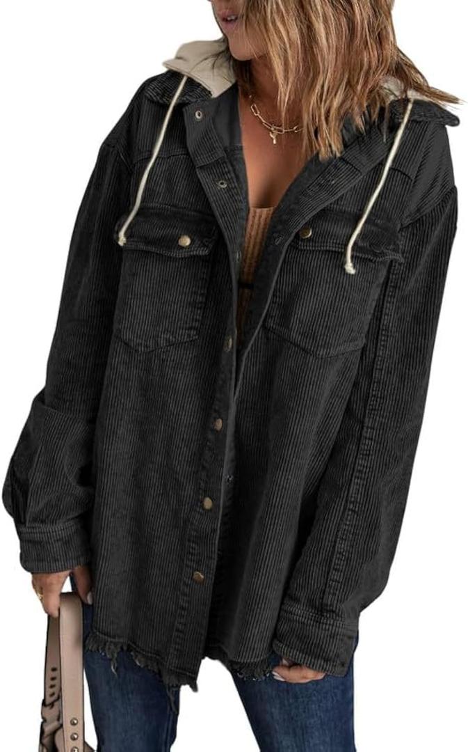 Dokotoo Womens 2025 Fall Corduroy Shacket Jacket Long Sleeve Button Down Color Block Hooded Coat with Pockets (Small, Black)