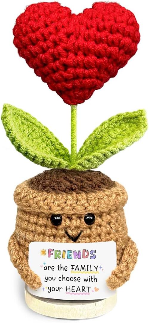 Cute Crochet Heart Flower, Friendship Cheer Up Gifts for Women on Birthday, Friends are The Family We Choose Positive Crochet, Appreciation Gifts for Coworkers, Friends, Men, Bestie