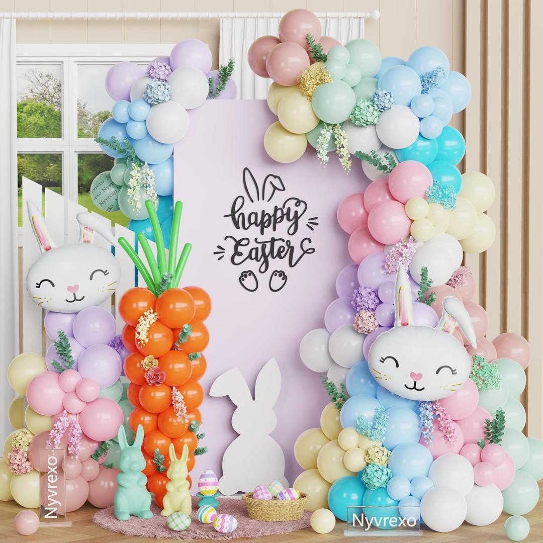 160Pcs Easter Balloon Garland Arch Kit with Bunny & Carrot Foil Balloons, Pastel Balloons for Easter Party, Baby Shower, Spring Birthday, Photo Backdrop Decorations (Macaron)