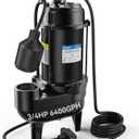 Acquaer Sewage Pump Submersible Water Pump with Automatic Float Switch, for Sump Basin, Residential Sewage, Black, 2'' NPT 3/4 HP 6400 GPH