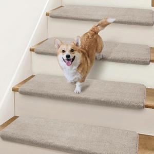 Bullnose Stair Treads Non Slip 9.5" x 32", 14 Pcs Ultra Plush Carpet Stair Treads for Wooden Steps Indoor with Edge Protection, Reusable Peel and Stick TPU Backing Stair Runner Rugs - Beige Gray