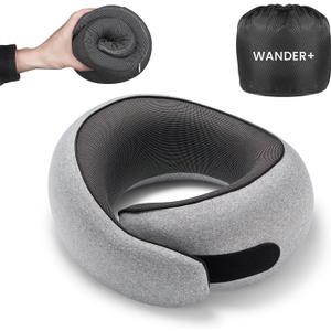 WANDER PLUS Travel Pillow, 100% Pure Memory Foam Travel Neck Pillow Airplane Neck Support Ergonomic Design Best for Sleeping Plane Car Train Office Flight for Adults Grey