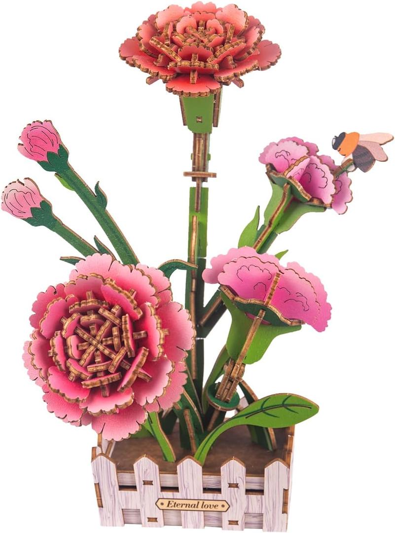 3D Wooden Flower Puzzles for Adults Carnation, DIY Valentines Day Flower Building Set Wooden Craft Kits Home Decoration, for Women Mom Birthday Thanks Giving