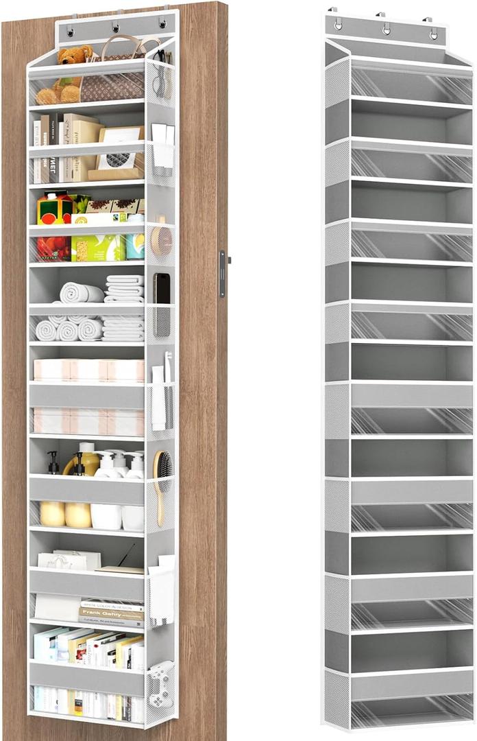 Over The Door Organizer, 8 Shelf Door Hanging Organizers with 8 Large Capacity Pockets, Back of Door Organizer Storage Hanging Shelves for Closet Bathroom Bedroom Nursery (Grey)